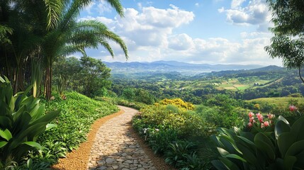 Obraz premium Scenic pathway through lush green landscape.