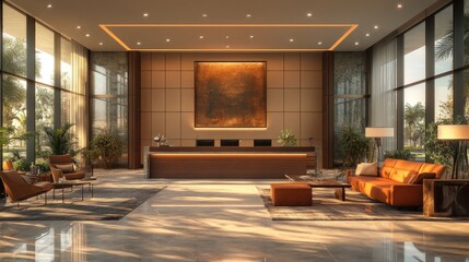 Fototapeta premium Modern reception area with natural light and elegant furnishings.