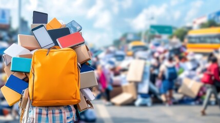 A student with a bright yellow backpack overloaded with books stands in a bustling outdoor environment with busy pedestrians.