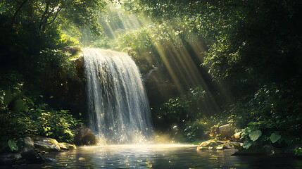 A secluded waterfall hidden in a verdant landscape, with sunlight illuminating the water as it cascades down 