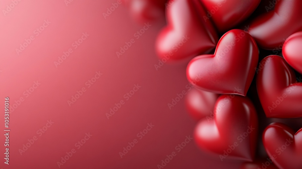 Poster red hearts on a red background with copy space.