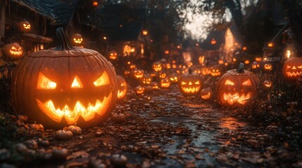 A spooky Halloween scene with glowing jack-o'-lanterns at dusk.