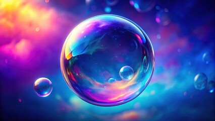 Chromatic bubble with mini bubbles floating in vibrant blue and pink purple background , vibrant, chromatic, bubble, inflate
