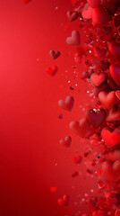 Obraz premium Valentines day banner with gift, red roses, hearts and table place setting on background. View from above. Greeting card. Invitation to romantic dinner. 