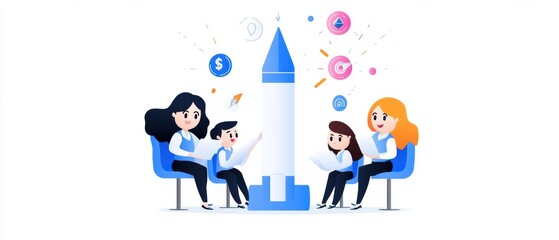 A team brainstorming with creative ideas, collaborating to launch a new project. Innovative environment fostering teamwork.