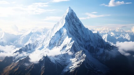 Majestic Mountain Peak: Capturing the raw power and timeless beauty of a snow-capped mountain, a breathtaking vista of nature's artistry, with clouds. 