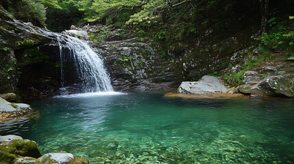 Naklejka premium A serene scene of a hidden waterfall flowing into a crystal-clear pool, perfect for summer swimming and relaxation 
