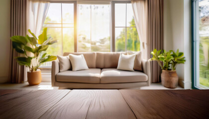 Naklejka premium Blur living room with nature lighting in the morning for background usage.Blur interior home background concept.Generative AI