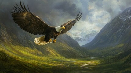 A bald eagle soaring above a lush, green valley, the wind beneath its wings, symbolizing