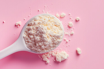 Scattered protein and scoop on pink background, top view.