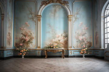 Luxurious Palace Interior Featuring Exquisite Floral Decor and Marble Flooring. Wedding Interior