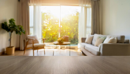 Fototapeta premium Blur living room with nature lighting in the morning for background usage.Blur interior home background concept.Generative AI