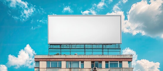 Blank billboard on rooftop of building with blue sky and white clouds.