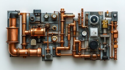 A collection of copper pipes, gauges, and other industrial elements arranged in a grid pattern on a white background.