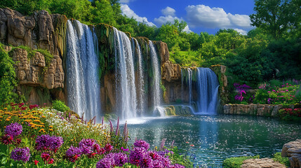 Fototapeta premium A panoramic view of a multi-tiered waterfall surrounded by wildflowers in full bloom, showcasing the beauty of summer 