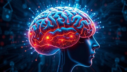 Fototapeta premium A digital illustration of a human brain with glowing red and blue neurons.