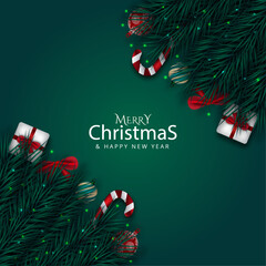 Merry Christmas background decoration green pine leaf with red blue ball.