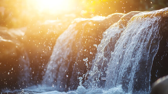 A close-up of water cascading over rocks at a popular summer waterfall, with splashes creating mist in the warm sunlight 
