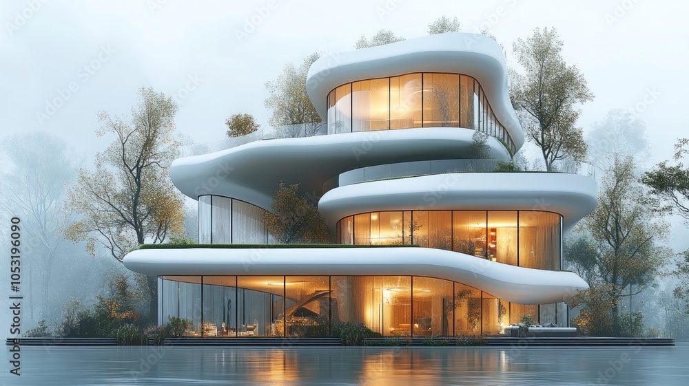 Poster modern architectural design featuring a unique, flowing structure.