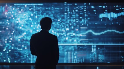 A business leader standing in front of a large screen filled with data visualizations, guiding