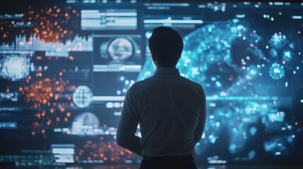 A business leader standing in front of a large screen filled with data visualizations, guiding