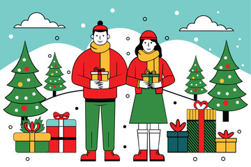 Festive Christmas Fair Scene – Couple Holding Gifts and Shopping Bags on vector illustration.