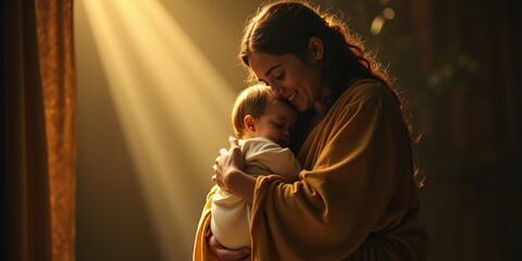 Obraz premium Virgin Mary holding Baby Jesus lovingly, Christmas biblical cinematic scene.
