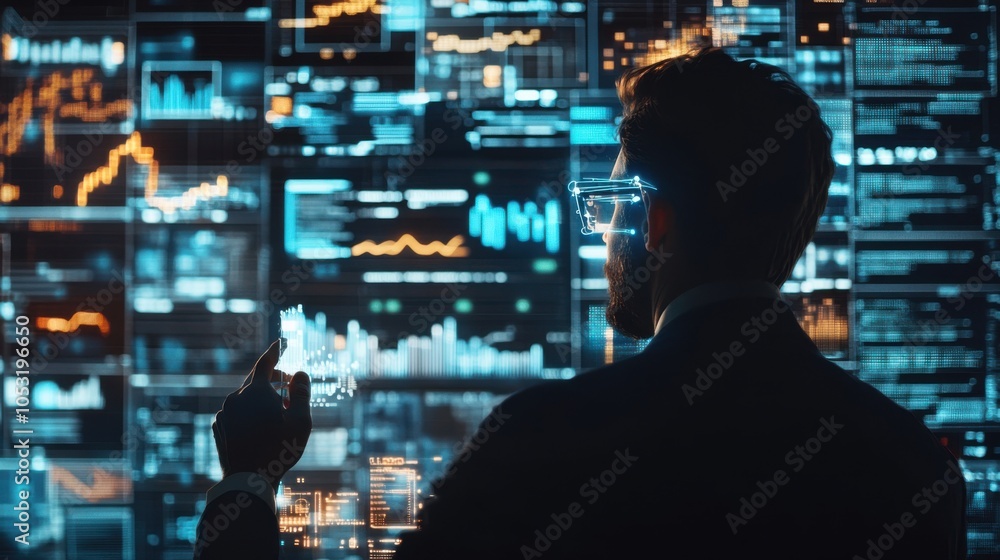 Poster a business professional using ai-powered tools to sift through big data, uncovering key