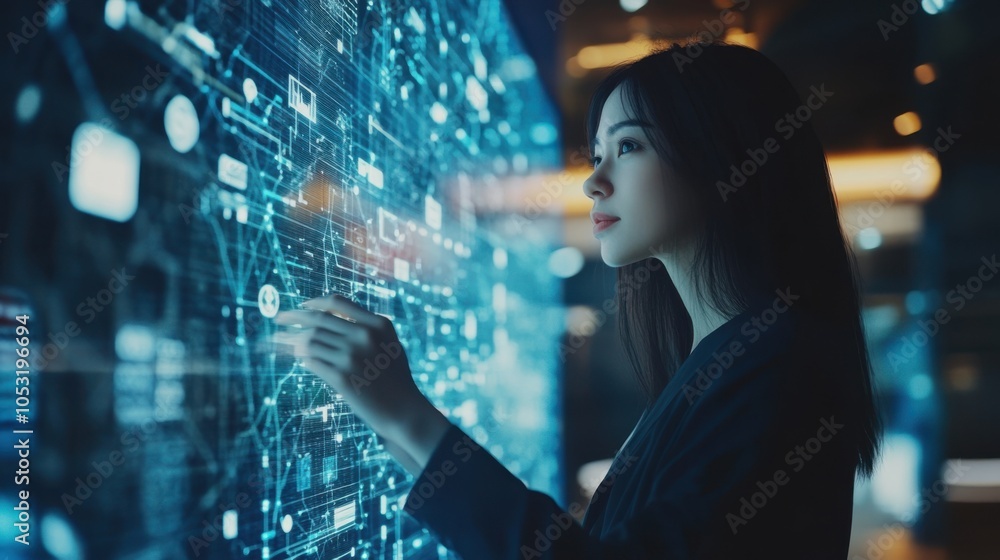 Poster a business professional using ai-powered tools to sift through big data, uncovering key