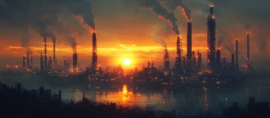 Fototapeta premium Industrial Cityscape at Sunset with Smokestacks and Reflective Water Creating a Dramatic and Atmospheric Scene