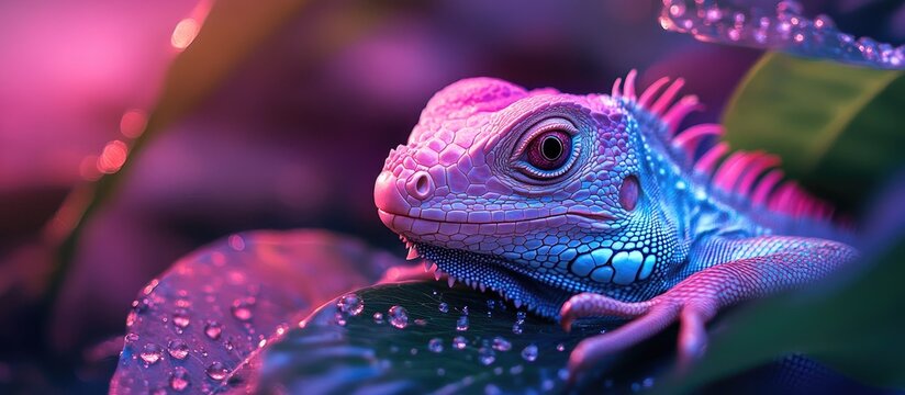 Closeup of a blue and pink lizard resting on a wet leaf.