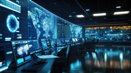 A call center with advanced digital interfaces and screens displaying customer inquiries and