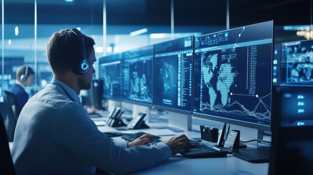 A call center with advanced digital interfaces and screens displaying customer inquiries and