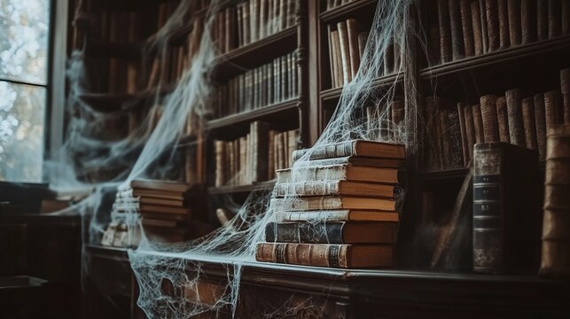 Dusty Library in Haunted Mansion with Cobwebs
