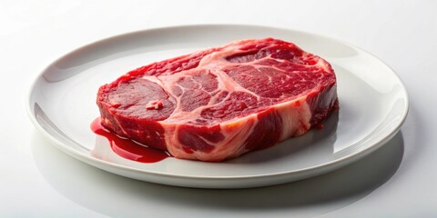 Fototapeta premium Fresh raw steak with marbling and blood on a white plate, food, beef, meat, steak, raw, fresh, red, juicy, cooking
