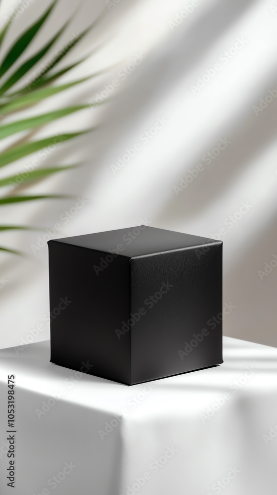 Poster elegant matte finish cube box displayed with soft lighting and plant background for modern aesthetic