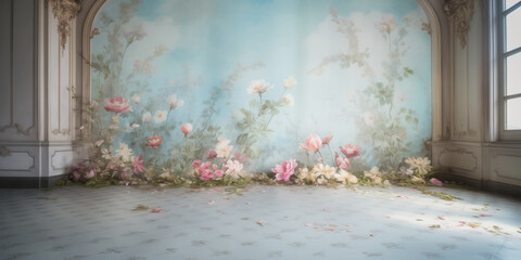 Palace Wall with a Floral Frescoes. Luxury Palace Interior. Wedding Interior with blue Walls decorated with frescoes and murals pink and white roses and flowers compositions. Old Wall with Flowers