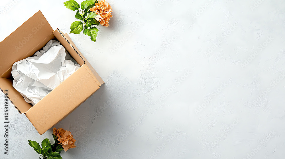 Poster elegant flatlay of an open cardboard box with delicate tissue and floral accents on a soft backgroun