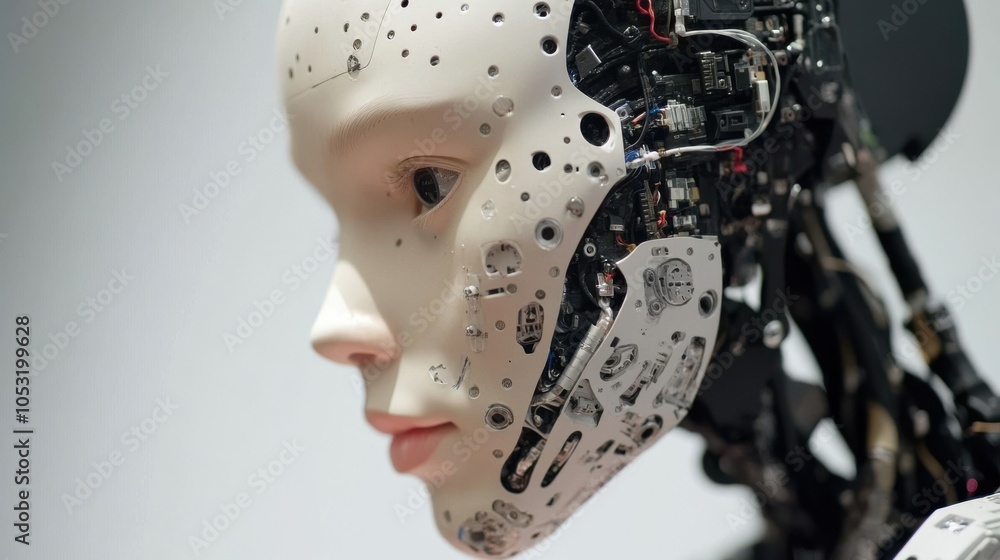 Poster a close-up of a humanoid ai robot, showing the intricate design and advanced technology