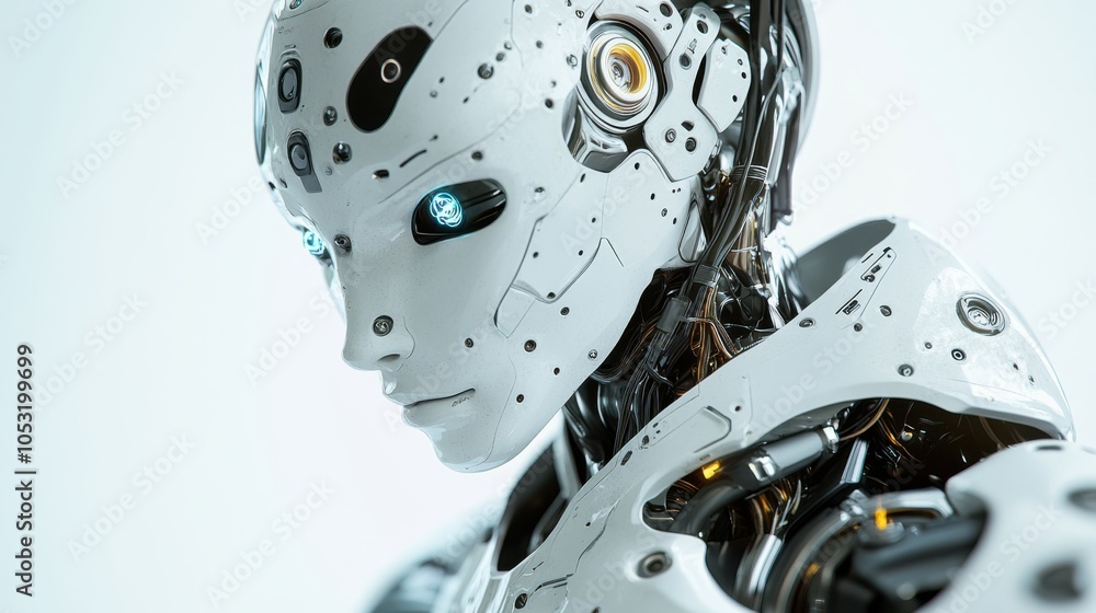 Poster a close-up of a humanoid ai robot, showing the intricate design and advanced technology