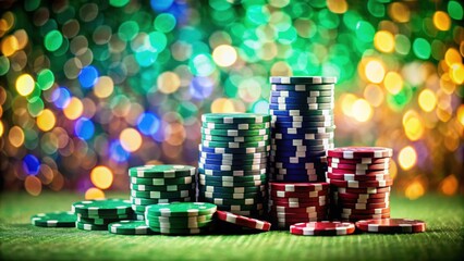 Casino gambling chips on green table with bokeh background, casino, gambling, chips, green table, bokeh, background, risk, luck
