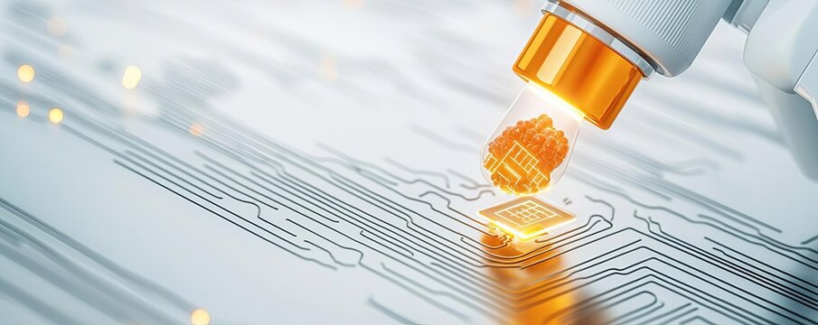 Bioelectronic device interfacing with a biological sample, illuminated circuits under a glass surface, with a background of smooth metallic textures and soft lighting