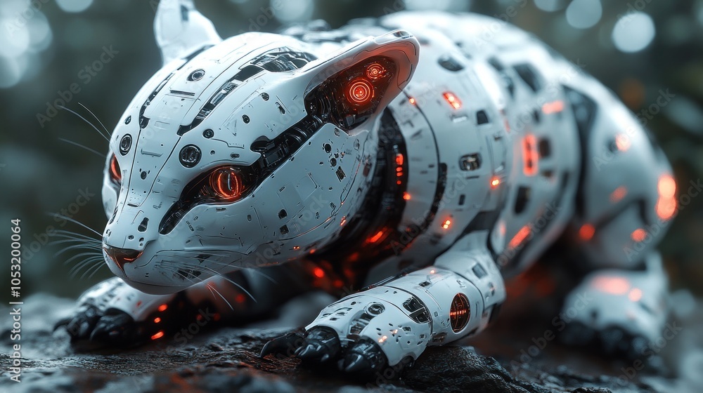 Poster a robotic cat with glowing features set in a natural environment.