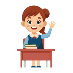 vector russian schoolgirl sits at her desk and raises her