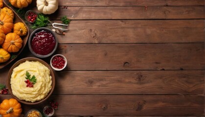 Thanksgiving Food Flatlay on Wooden Table with Mashed Potatoes, Cranberry Sauce, Nuts, and Pomegranate Seeds