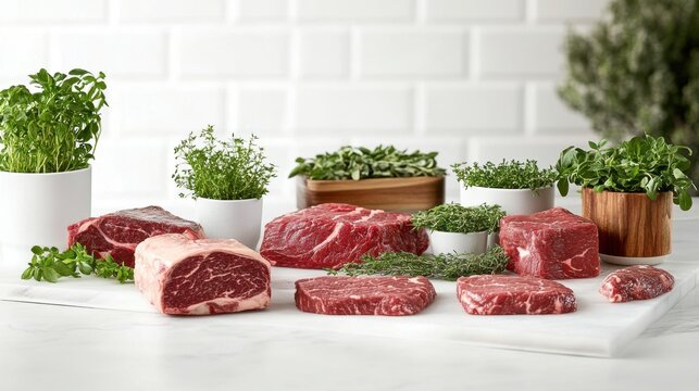 A commercial-ready setup featuring top-quality beef cuts and steaks on a white table,