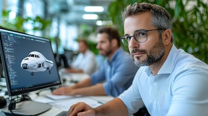A group of aerospace engineers and designers collaborating in a modern office setting