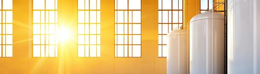 Bright sunlight streams through large windows, illuminating industrial containers. The warm glow enhances the modern, clean aesthetic of the space.