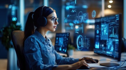 Naklejka premium A customer service agent working remotely with multiple devices, with digital internet and