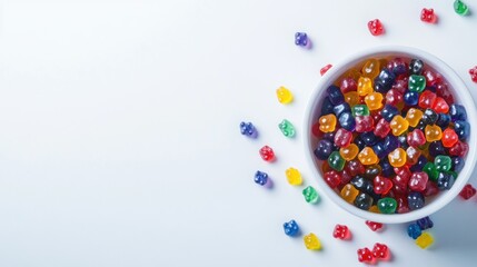Bowl of Colorful Gummy Bear Candies Surrounded by Scattered Gummy Bears